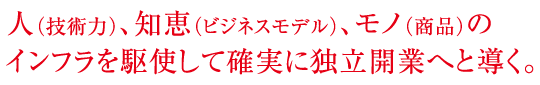 人（技術力）、知恵（ビジネスモデル）、モノ（商品）のインフラを駆使して確実に独立開業へと導く。